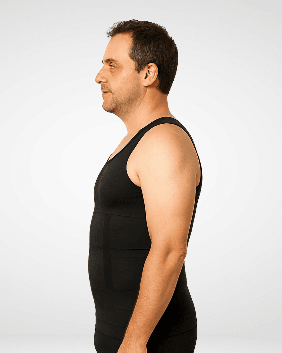 Man wearing a black tank top against a white background